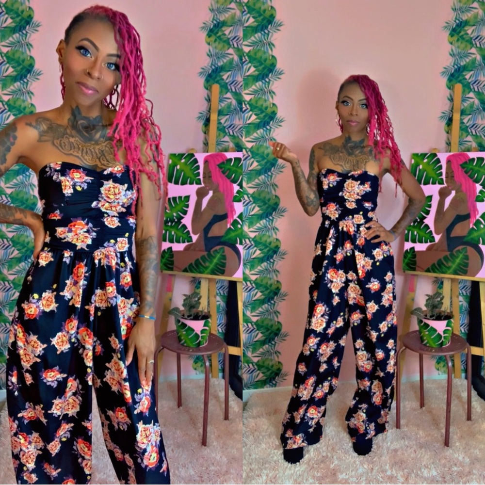 Long Black Floral Strapless Romper
